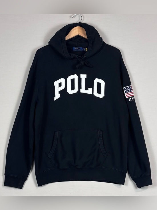 Polo Ralph Lauren Other - Polo Ralph Lauren USA Flag Patch Hoodie Black POLO Spell Out XL